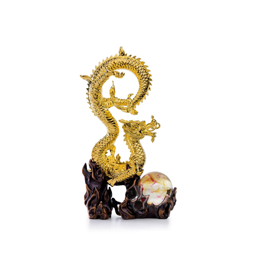 Risis Success Dragon II - A golden dragon sculpture with intricate scales coils upward with a pearl-like orb nestled beside it, depicting motion and mythical elegance.