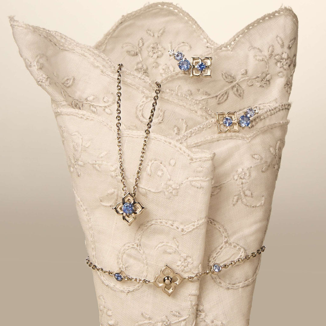 RISIS Timeless Nyonya Necklace, 925 Sterling Silver encapsulated in Rhodium with Blue Sapphires