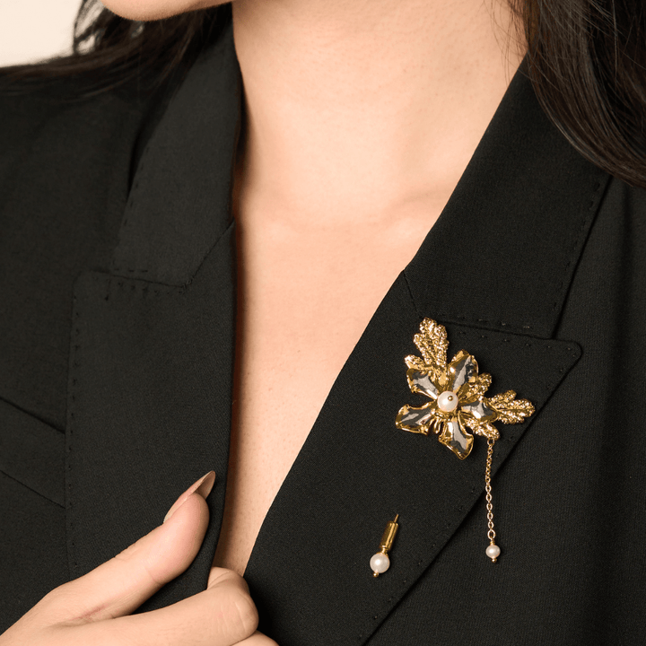 RISIS Vanda Limbata Lapel Pin with Citronella Leaves in 24K Swiss Gold and Palladium with Freshwater Pearls