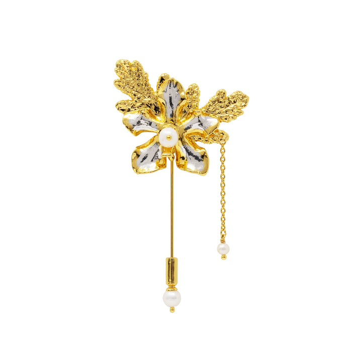 RISIS Vanda Limbata Lapel Pin with Citronella Leaves in 24K Swiss Gold and Palladium