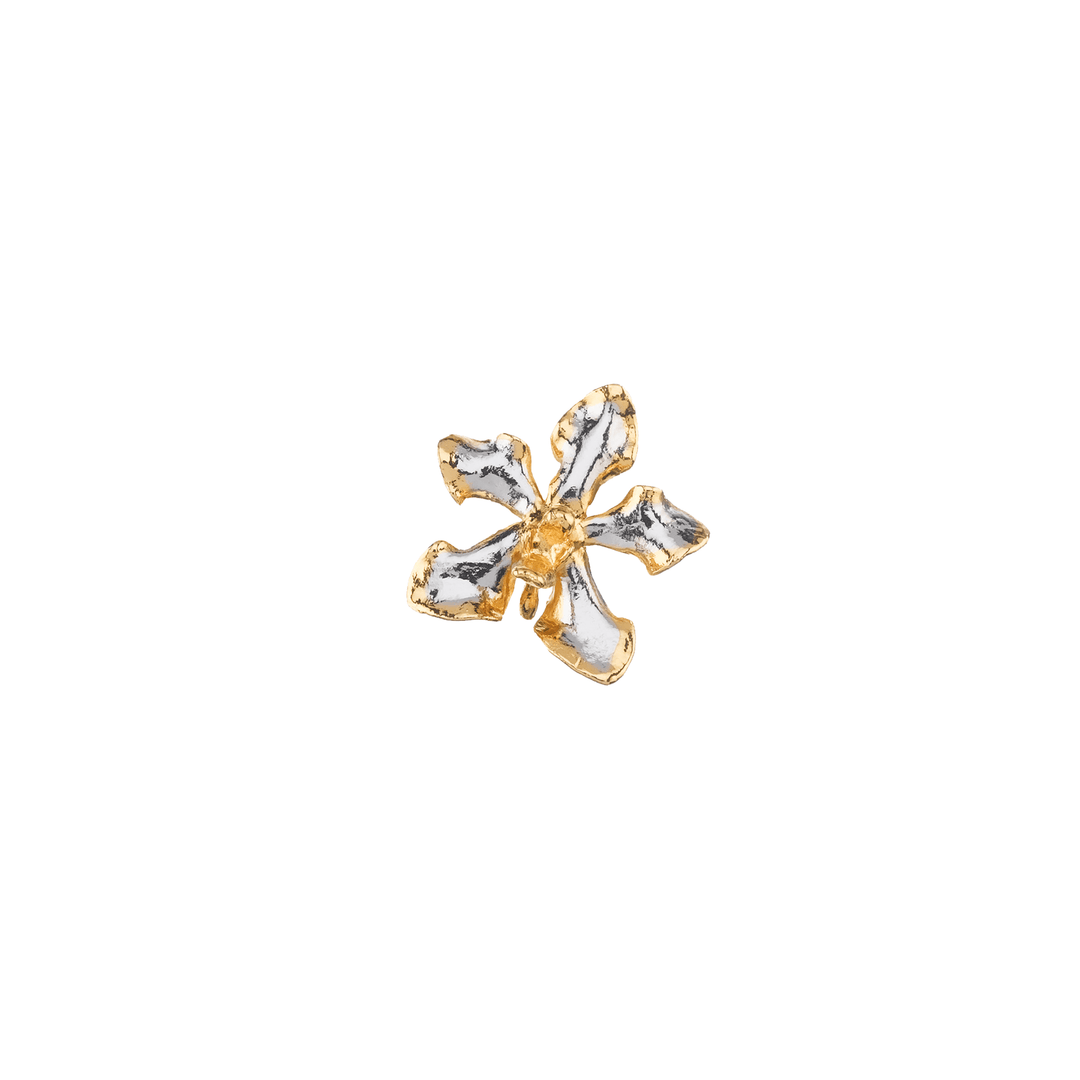Risis Vanda Limbata Orchid Brooch/Pendant (PG) - An ornamental gold and white flower-shaped object with six textured petals and a polished finish, suggestive of a brooch or pendant.