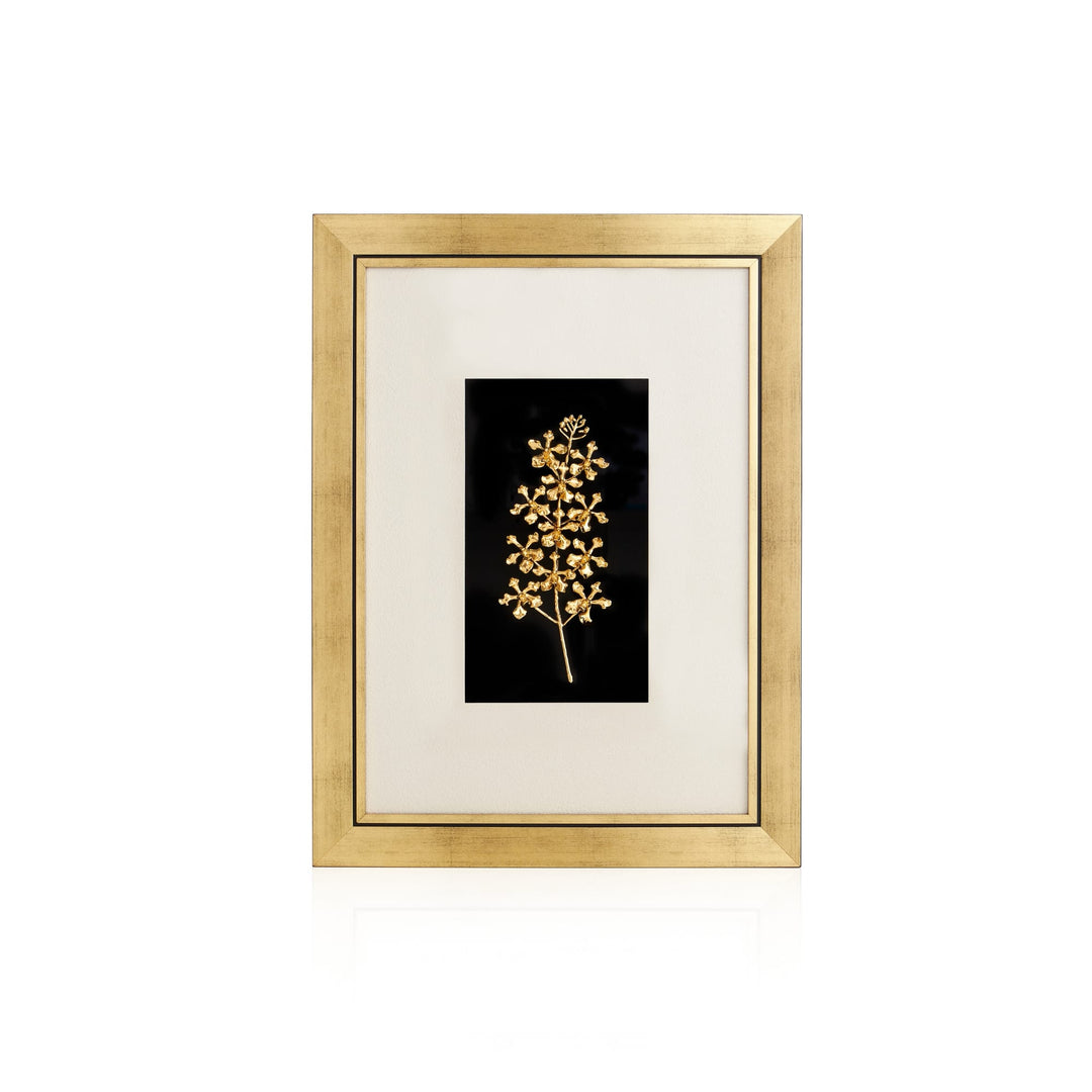 Risis Vanda Wee Kim Lian Frame (IV) - A golden-framed artwork displays a single branch with delicate, intricate flowers against a stark black backdrop, accentuated by the surrounding white mat.