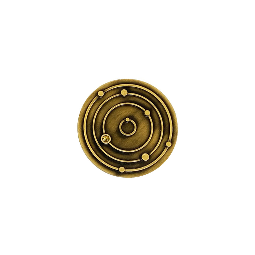 Risis 12 Constellation Base (Cancer) - A circular, brass-toned ornament with concentric rings and small sphere accents, presenting a minimalist yet elegant design.