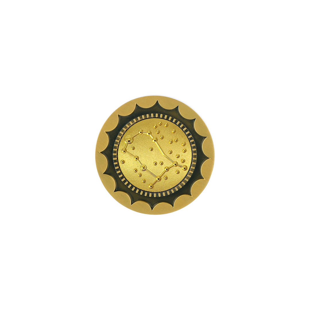 Risis 12 Constellation Base (Gemini) - A circular gold-colored brooch with a scalloped edge and a textured inner surface featuring dot patterns, creating a decorative, metallic piece of jewelry.