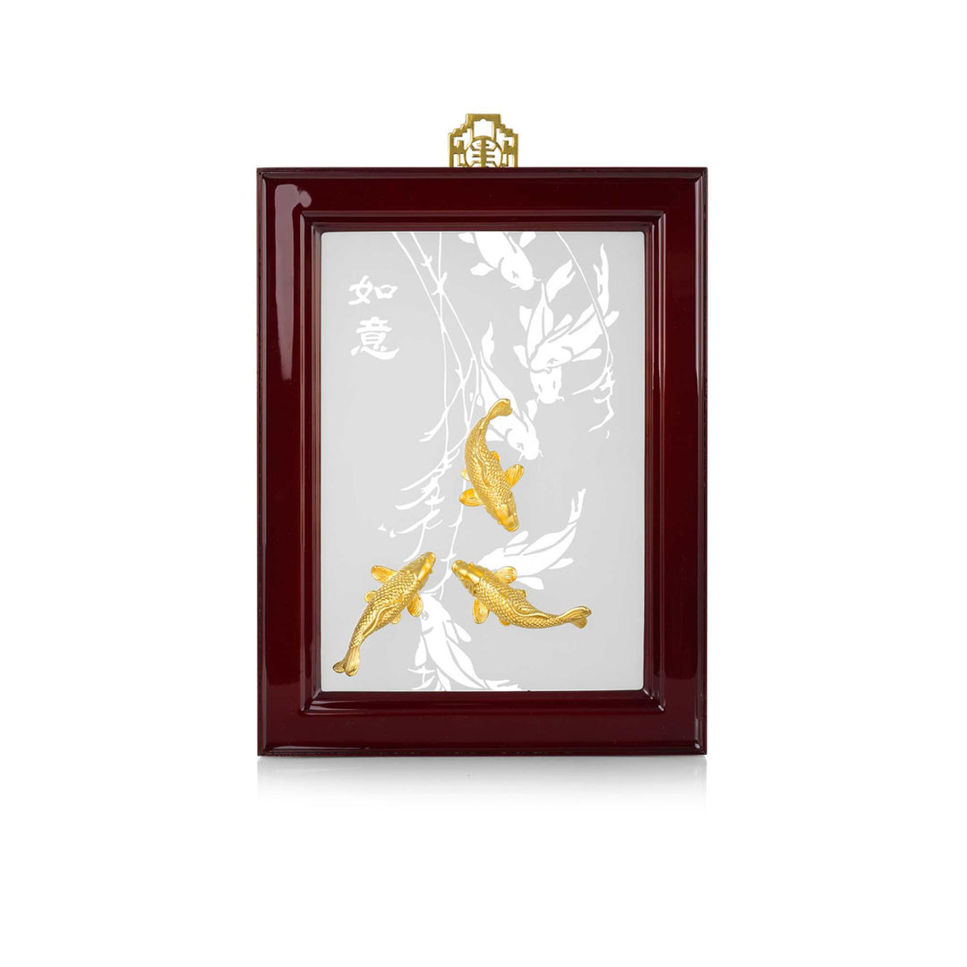 Risis Nine Carp Tableau - A glossy mahogany frame encases a translucent panel with three-dimensional golden fish amidst white floral silhouettes, embodying elegance and tranquility.