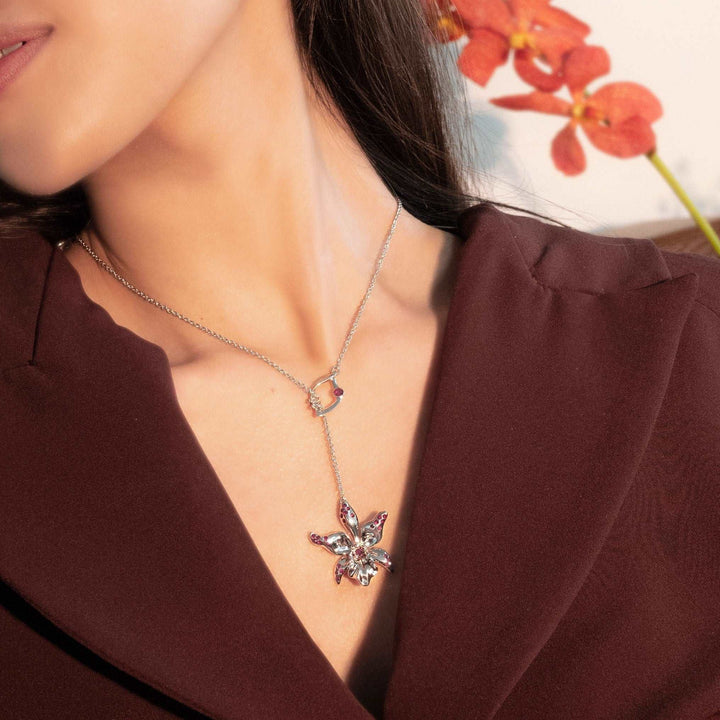 Dazzle With Orchids Necklace - Dendrobium Inspired Orchid with Siam Garnet (Jan)