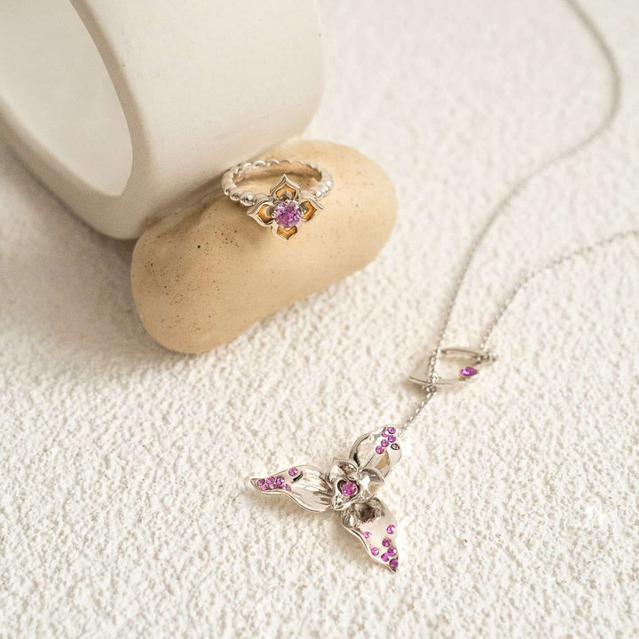Dazzle With Orchids Necklace - Lycaste Inspired Orchid with Amethyst (Feb) - - RISIS