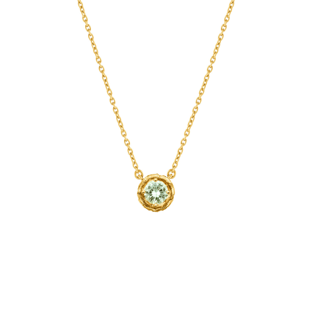 Risis Midori Necklace With Prasiolite - A delicate gold necklace with a single, round, light-catching gemstone pendant elegantly hangs in a simple composition.