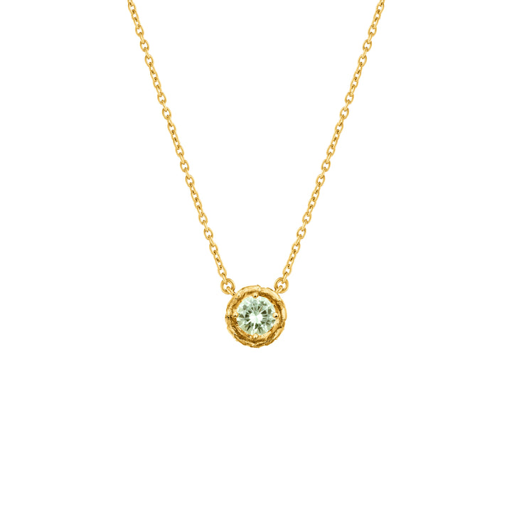 Risis Midori Necklace With Prasiolite - A delicate gold necklace with a single, round, light-catching gemstone pendant elegantly hangs in a simple composition.