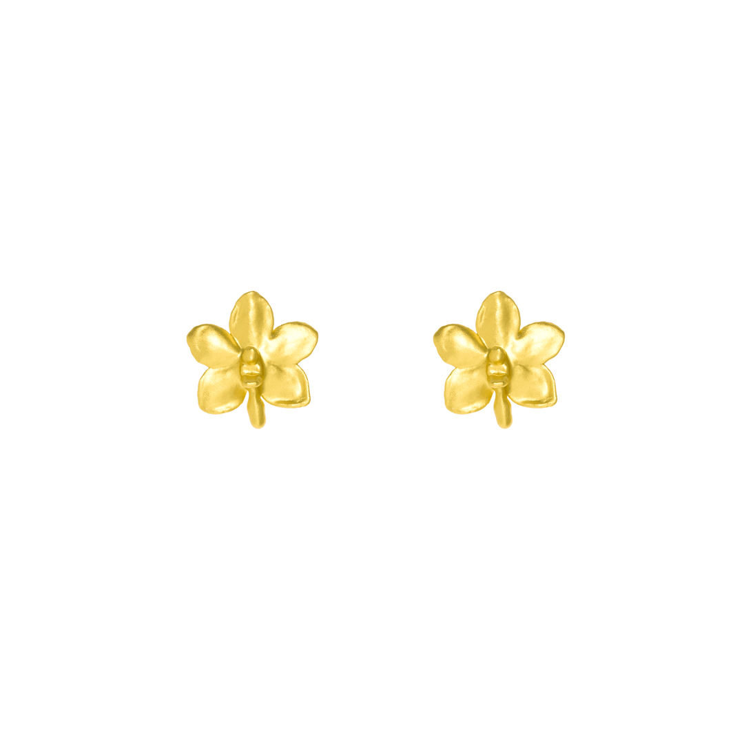 Risis Ascocenda Sagarik Gold Orchid Earrings (G) - A pair of golden, five-petaled flower earrings with a glossy finish and a prominent central detail, exuding simplicity and elegance.