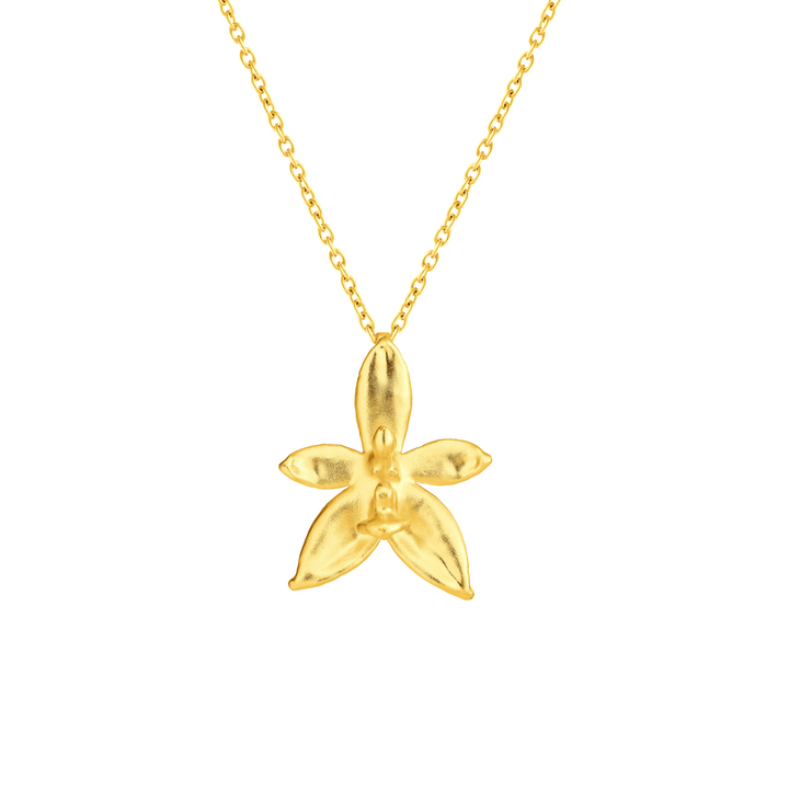 Risis Phalaenopsis Cornu Cervi Orchid Necklace (G) - A shimmering gold necklace with a five-petaled, star-shaped pendant displays a polished and slightly textured finish, suspended on a delicate chain.