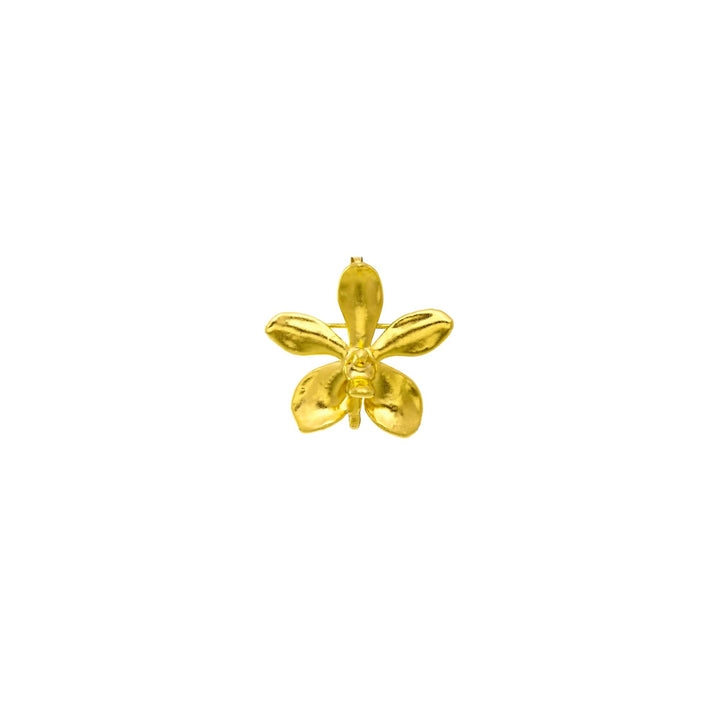 Risis Aeridovanda Vieng Ping Orchid Brooch/Pendant (G) - A golden pendant shaped like a five-petal flower with a shiny, smooth finish, reflecting light elegantly.