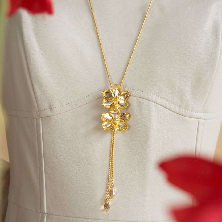 Dual Ascocenda Thai Cherry Orchid Slider Necklace with Crystal Tailends (PG)