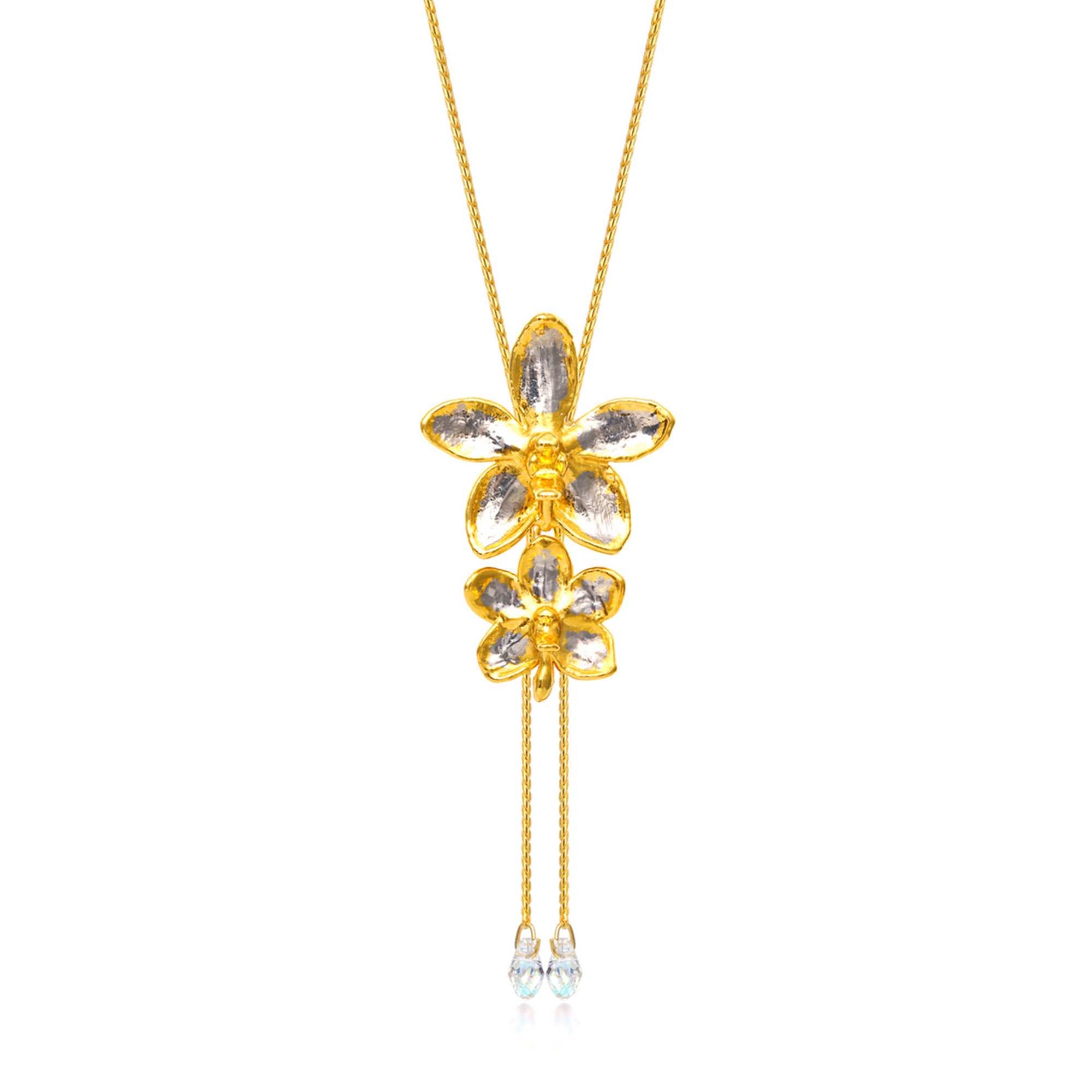 Ascocenda Sagarik & Aeridovanda Vieng Ping Orchid Slider Necklace with Crystal Tailends (PG)