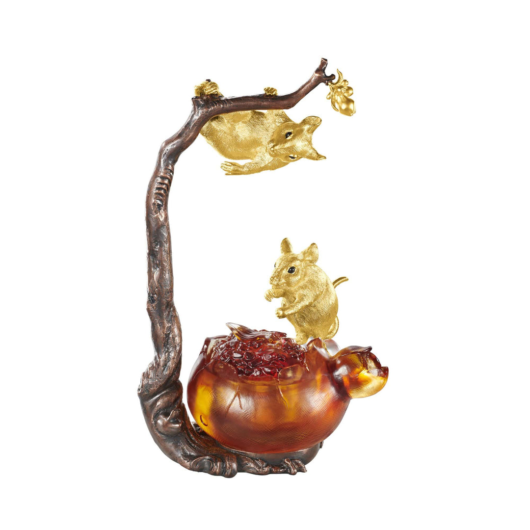 Risis Double Fortune Rat - Three golden mice are positioned on and around a branch and a shiny, amber-colored turtle-like object with intricate details, all crafted to create an ornate decorative piece.