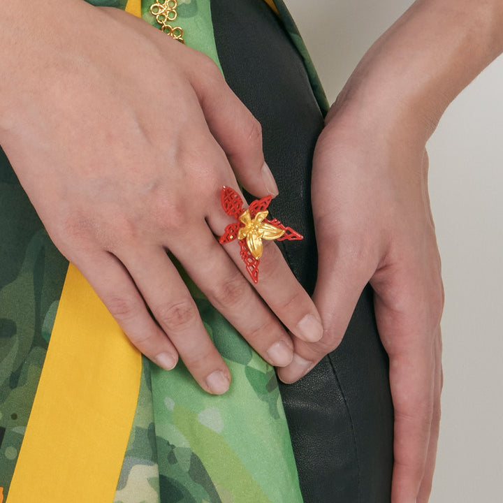 RISIS X TRIOLOGIE Iconic Phalaenopsis Orchid Ring on model close up