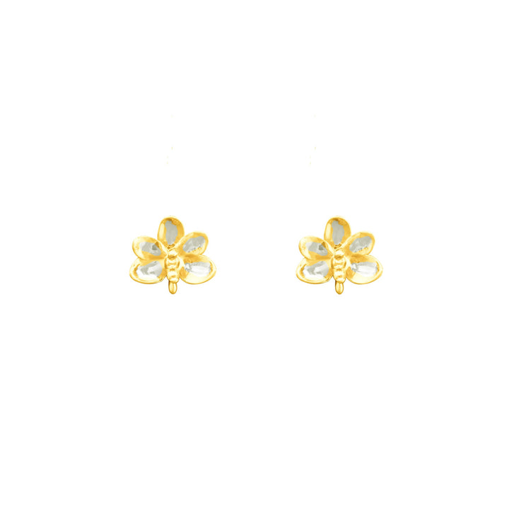 Risis Ascocenda Blossom Earrings - A pair of gold-tone flower-shaped earrings with translucent yellow petals, symmetrically arranged and reflecting light, creating a delicate and elegant appearance.