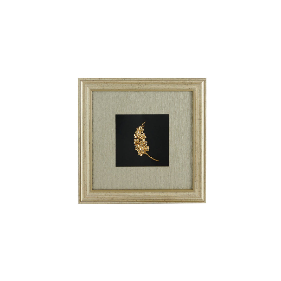 Risis Ascocenda Sagarik Gold Orchid Spray Frame - A gold-colored, leafy branch-shaped brooch with multiple sparkling gemstones is presented against a dark background, framed within a beige decorative border.