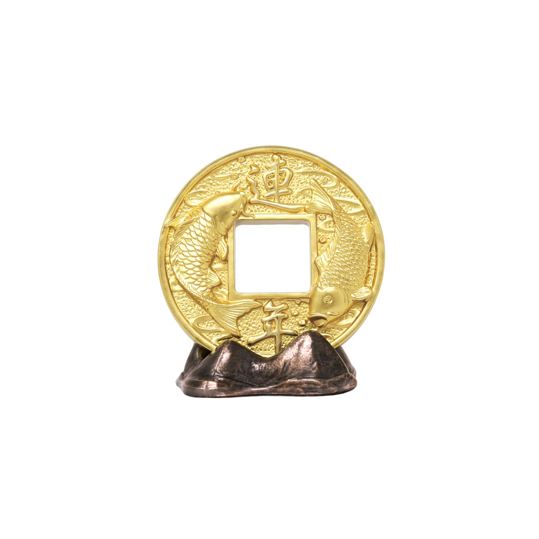 Risis Auspicious Coin on Mountain - A golden circular frame with intricate fish and wave designs stands on a bronze base, featuring a square center cutout.