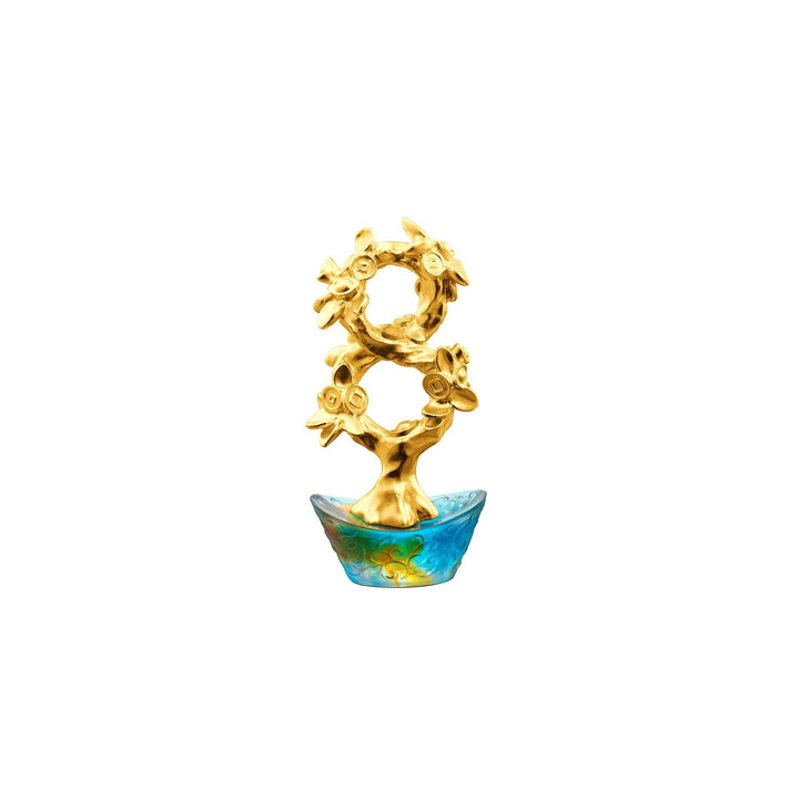 Risis Auspicious Money Tree with Bronze Liu Li Base - A golden tree with floral elements sits atop a blue swirl-patterned base, embodying an artistic and decorative aesthetic.