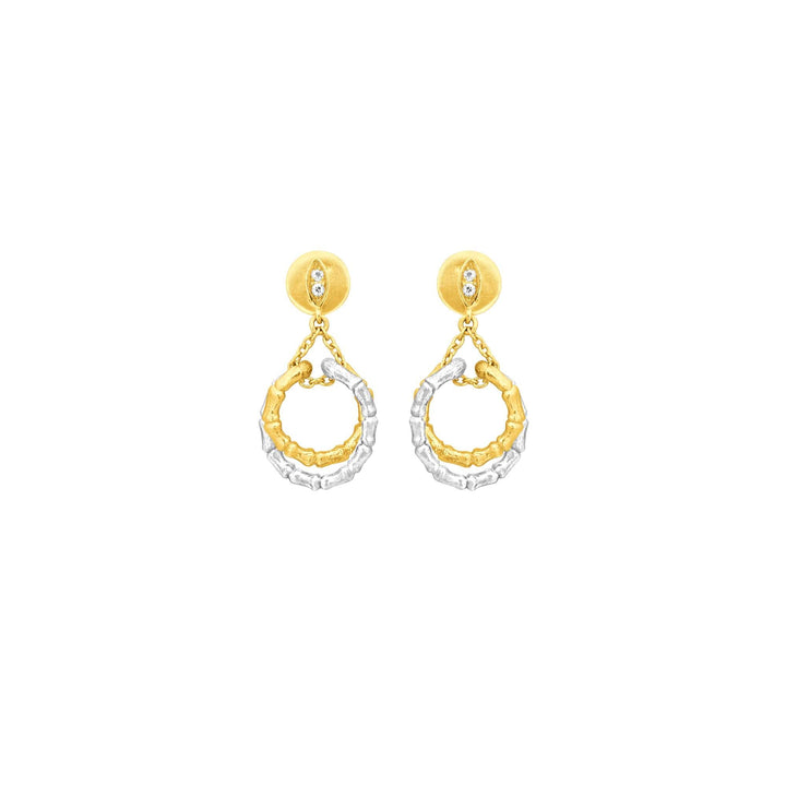 Risis Bamboo Twist Dangling Earrings with White Sapphires - A pair of gold and silver-tone drop earrings with a textured finish and embedded rhinestones, combining elegance and contemporary design.