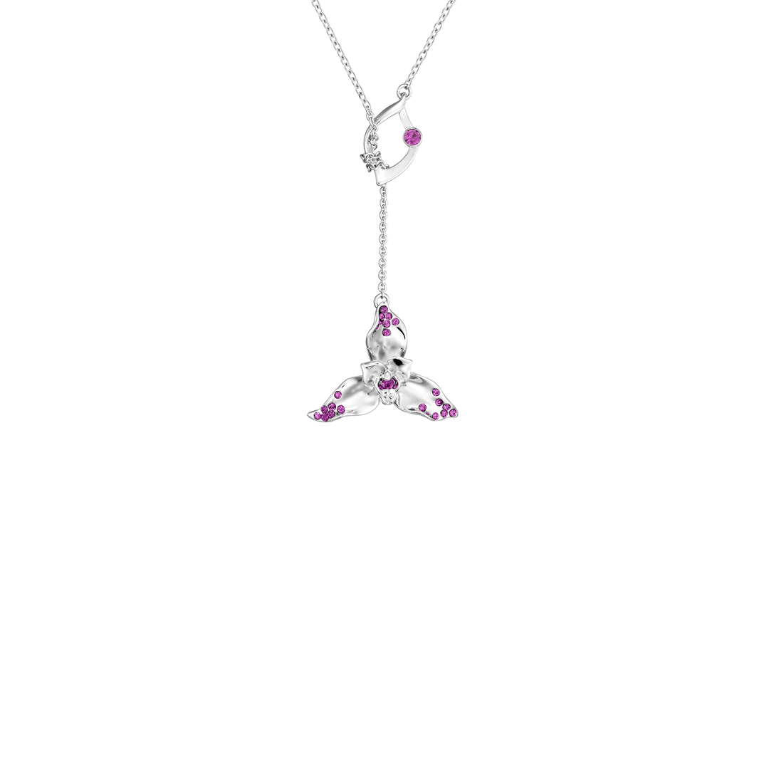 Risis Dazzle With Orchids Necklace - Lycaste Inspired Orchid with Amethyst (Feb) - A silver necklace features a star-shaped pendant adorned with small, sparkling pink gemstones and a central dark gem, radiating elegance and charm.
