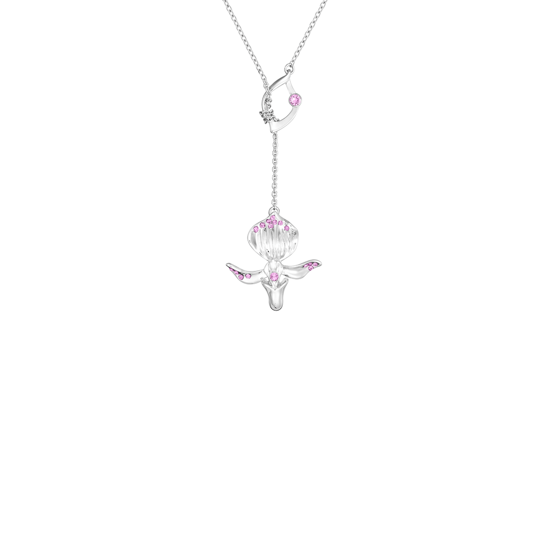 Risis Dazzle With Orchids Necklace - Paphiopedilum Orchid with Ruby Crystal (Jul) - A silver necklace with a delicate, floral pendant featuring pink accents on petals and two small pink gemstones within the linked chain.