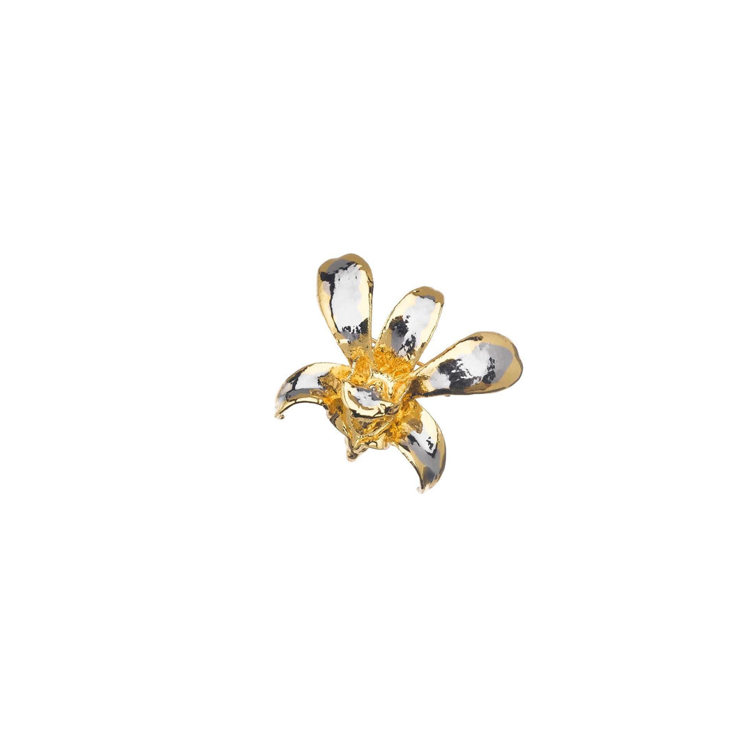 Risis Dendrobium Li Min Eng Orchid Brooch/Pendant (PG) - A gold and silver flower-shaped jewelry piece, featuring reflective petals with a textured golden center, crafted to resemble a blooming flower.