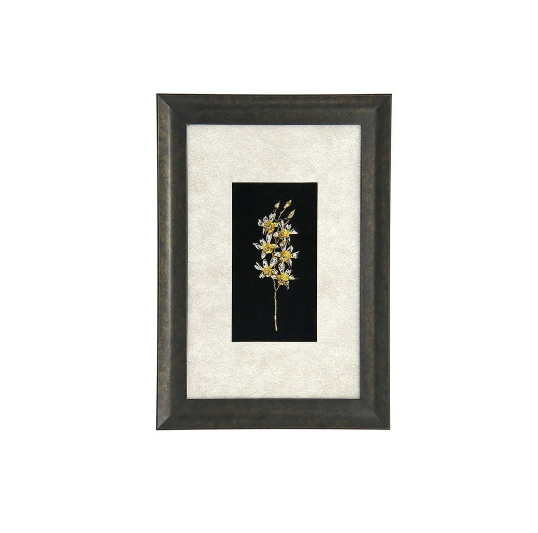 Risis Dendrobium Li Min Eng Orchid Frame - A golden ornamental branch with leaves and flowers is centrally placed on a black canvas, framed in dark wood, highlighting the intricate details and shiny finish.