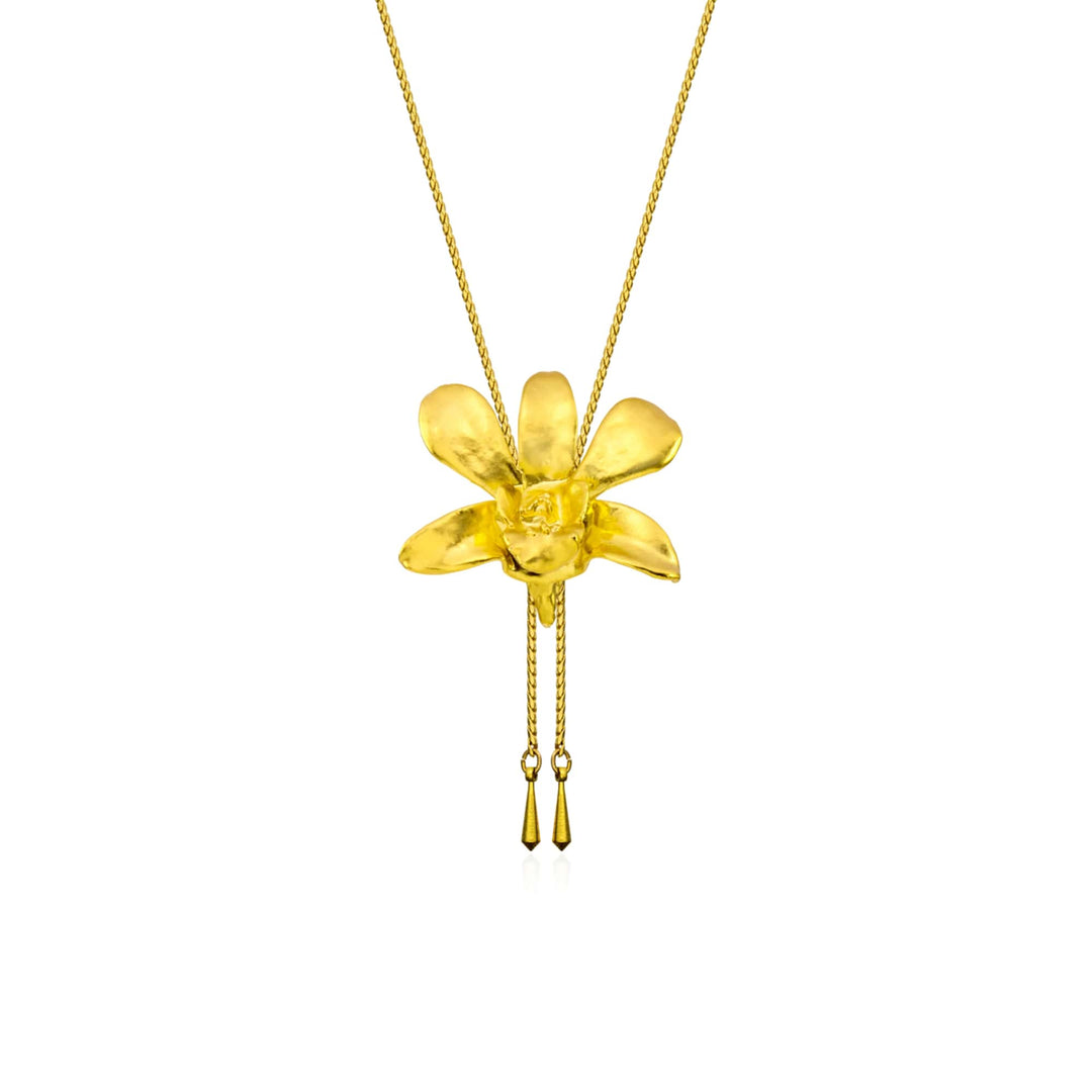 Risis Dendrobium Li Min Eng Orchid Slider Necklace (G) - A golden necklace with a translucent, amber-hued, flower-shaped pendant; two delicate chains with teardrop accents dangle below, adding elegance.