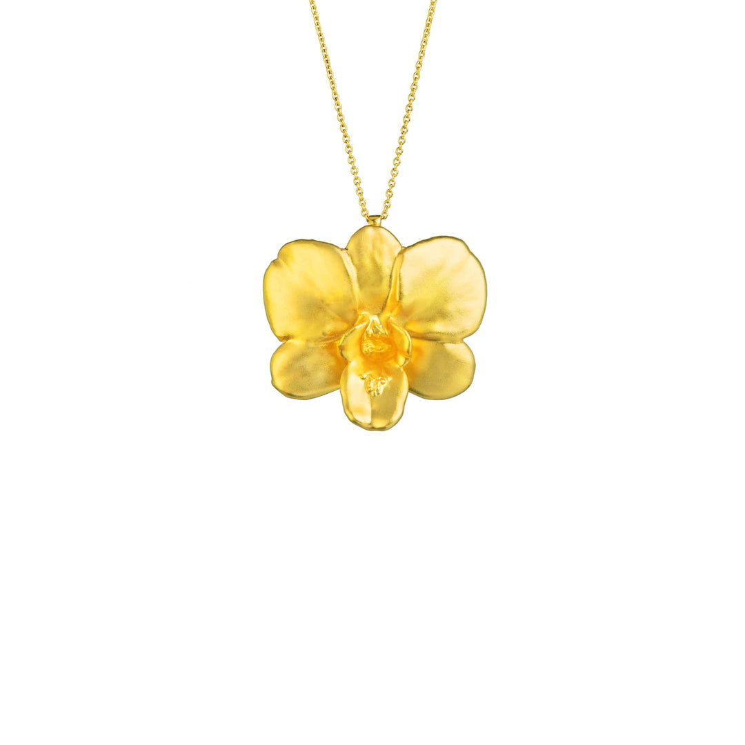 Risis Dendrobium Merry Island Orchid Necklace (G) - A golden necklace pendant shaped like a five-petaled flower with a shiny finish and a delicate texture, suspended from a fine golden chain.
