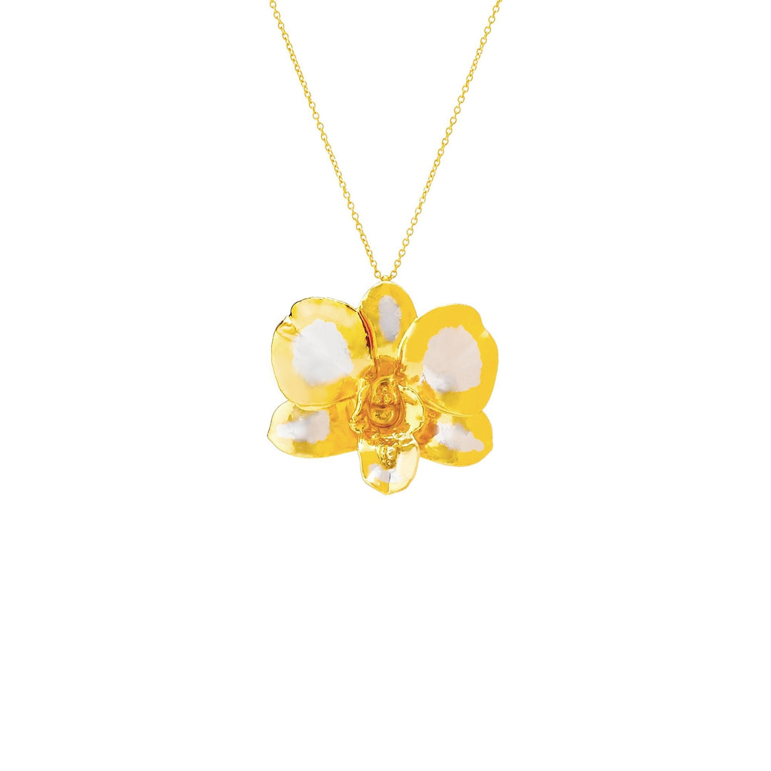 Risis Dendrobium Merry Island Orchid Necklace (PD) - A golden necklace with a pendant shaped like a five-petaled flower in translucent shades of yellow and white. The piece appears delicate and reflective.