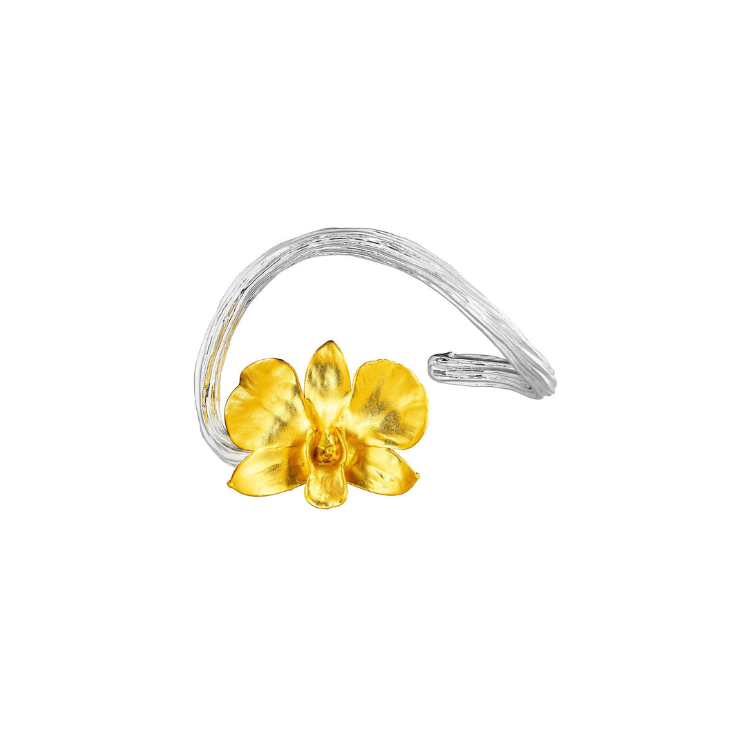 Risis Dendrobium Pinky Orchid Name Card Holder II - A silver bracelet with a textured finish culminates in a golden flower, the centerpiece displaying detailed petal work for an elegant contrast.