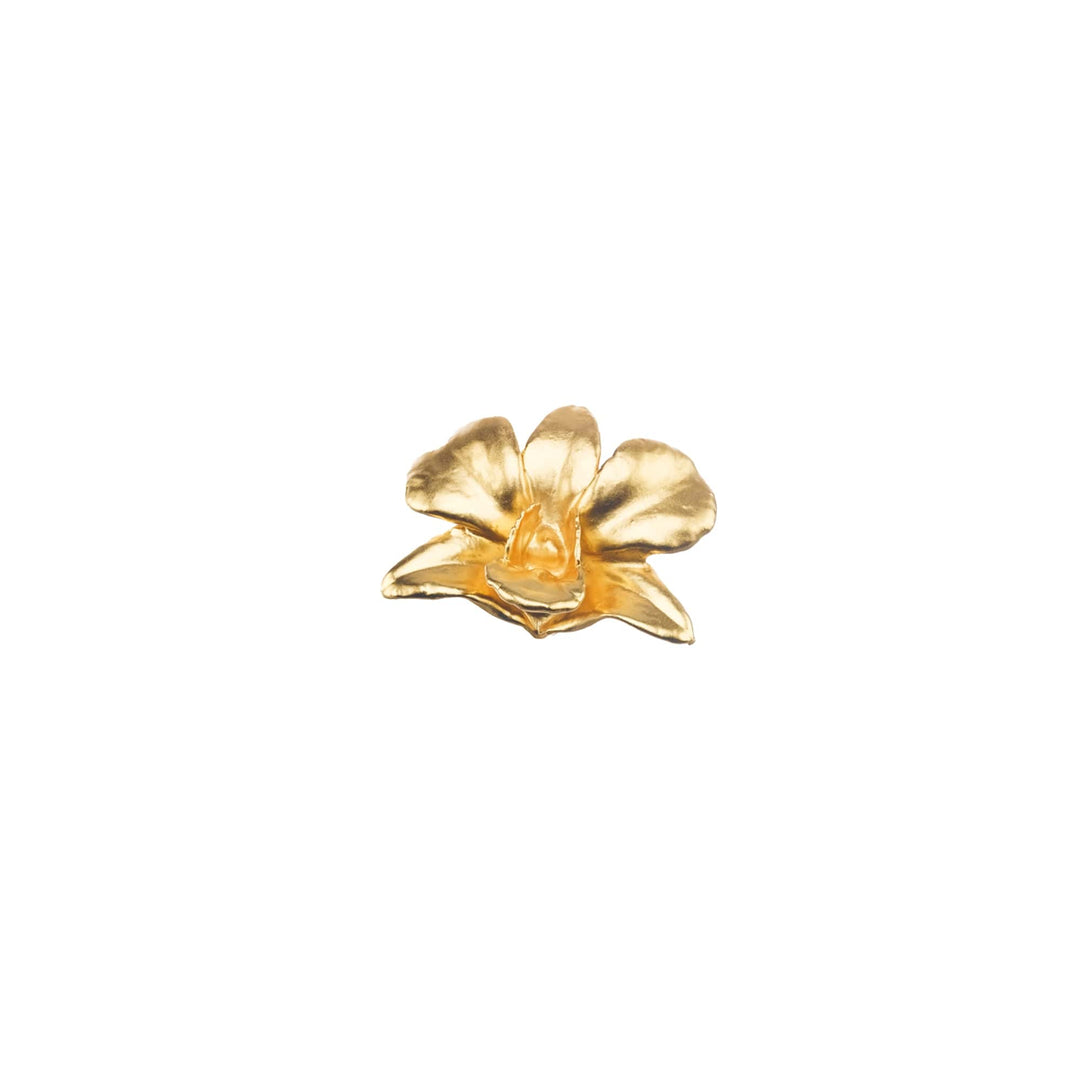 Risis Dendrobium Tay Swee Keng Orchid Brooch/Pendant (G) - A shiny gold-tone flower brooch with detailed petals radiating from a central, textured bloom, conveying elegance and craftsmanship.