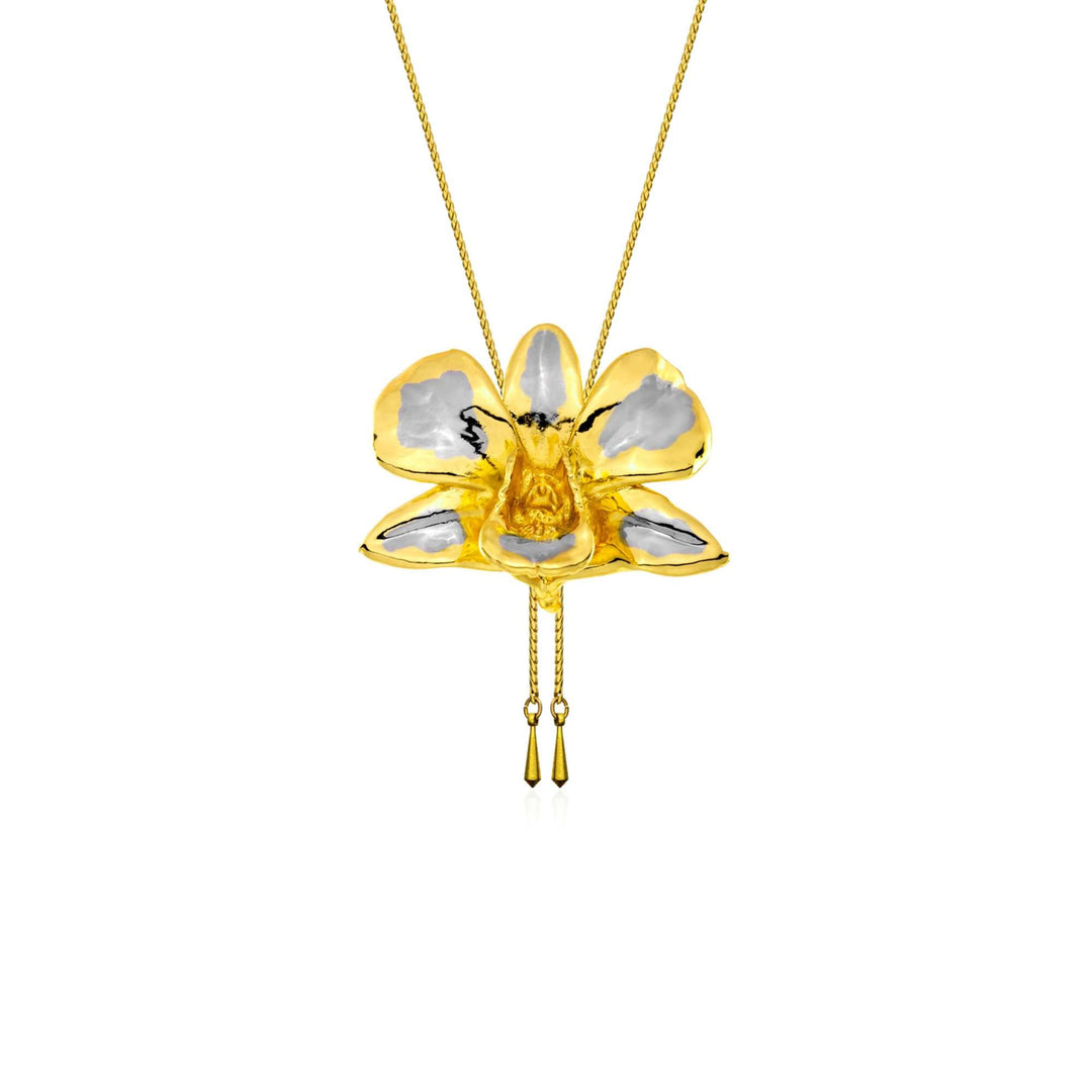 Risis Dendrobium Tay Swee Keng Orchid Slider Necklace (PG) - A golden necklace with a pendant resembling a five-petaled flower, adorned with yellow and silver tones, and two dangling golden elements.