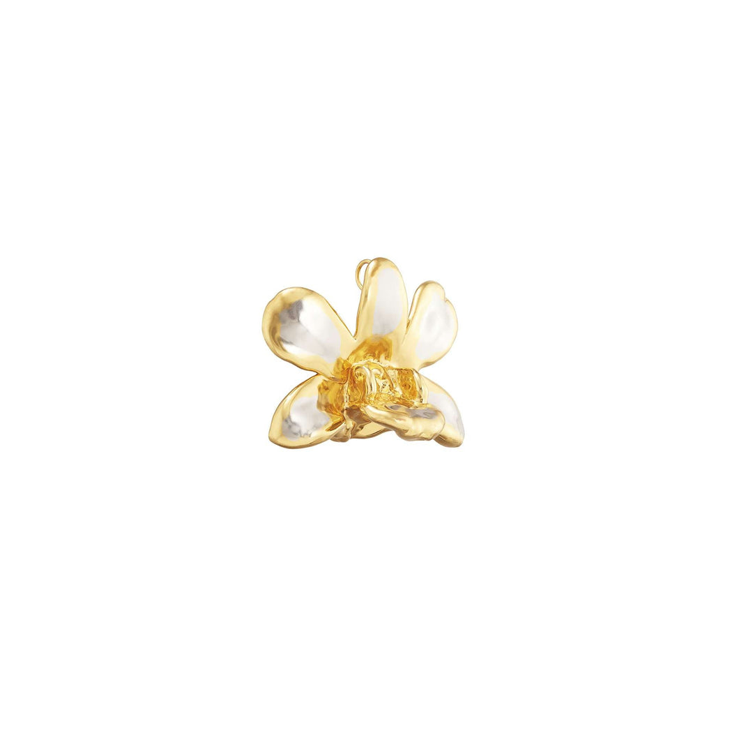 Risis Dendrobium Thong Chai Orchid Brooch/Pendant (PG) - A glossy, gold-toned flower-shaped pendant with delicate, translucent petals and a textured center, radiating elegance and intricate craftsmanship.