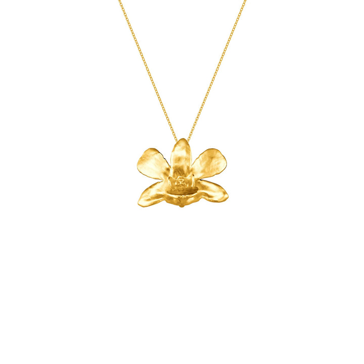 Risis Dendrobium Thong Chai Orchid Necklace - A gold necklace with a five-petaled, sculpted flower pendant exudes elegance with its radiant, polished finish.