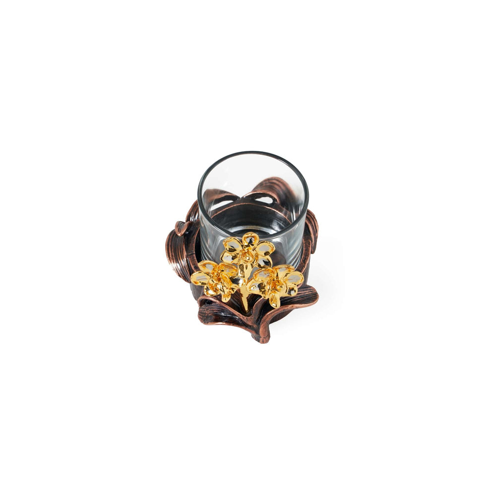 Risis Doritaenopsis Orchid Holder - A bracelet with an intricate design featuring copper tones, a glass centerpiece, and ornamental flowers in a shimmering gold hue.