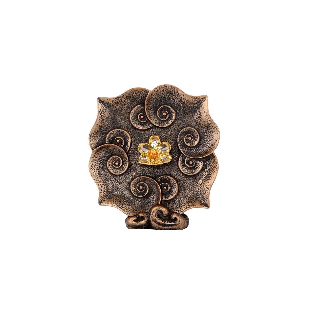 Risis Doritaenopsis Purple Gem Ruyi Plate - A textured, antique bronze-colored brooch, shaped like a stylized flower, with a cluster of small yellow gems at its center.