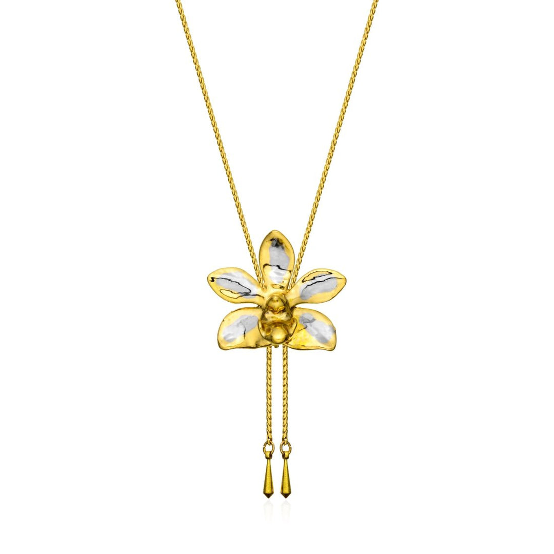Risis Doritaenopsis Summer Red Orchid Slider Necklace (PG) - A golden necklace with a five-petaled flower pendant featuring a lustrous finish and delicate chain tassels hanging from its bottom edge.