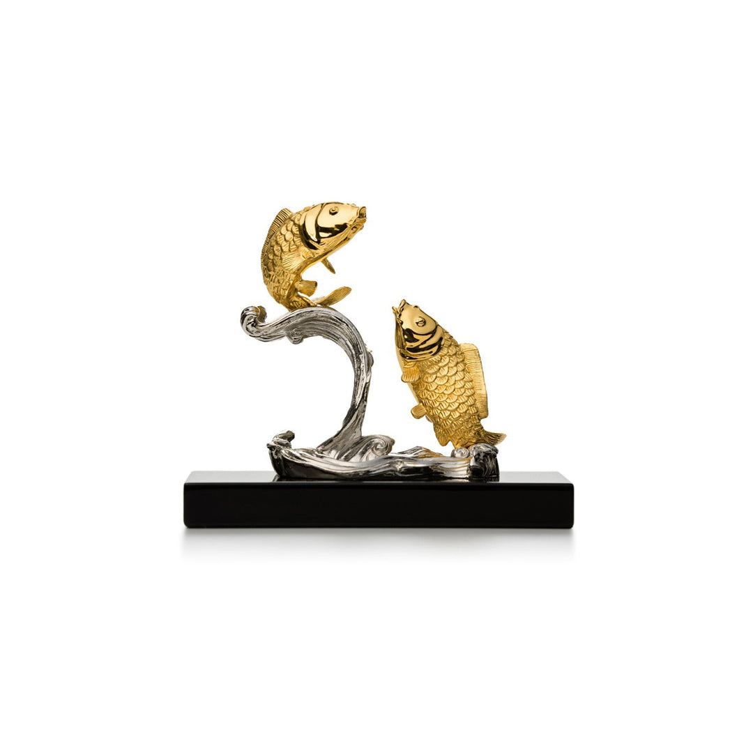 Risis Double Carps on Wave with Flat Base - Two golden fish with intricate scale detailing leap from a swirling silver wave affixed to a sleek black base, creating a dynamic and elegant sculpture.