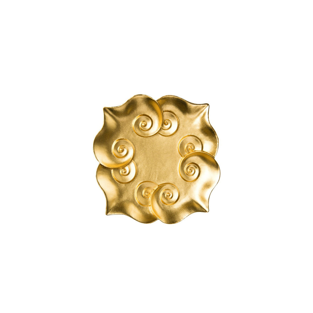 Risis Golden Ruyi Plate - A golden, ornate brooch with spiral designs and scalloped edges, exuding a shiny, luxurious appearance.