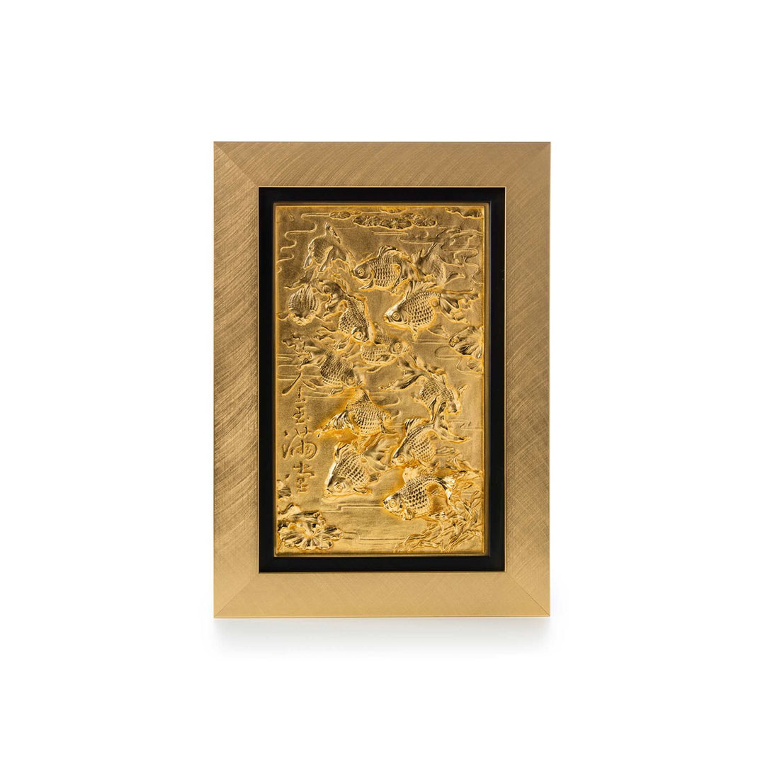 Risis Jin Yu Man Tang Frame - A golden relief showcasing a dynamic scene of intricately carved koi fish, encased in a sleek black frame with an outer golden border.