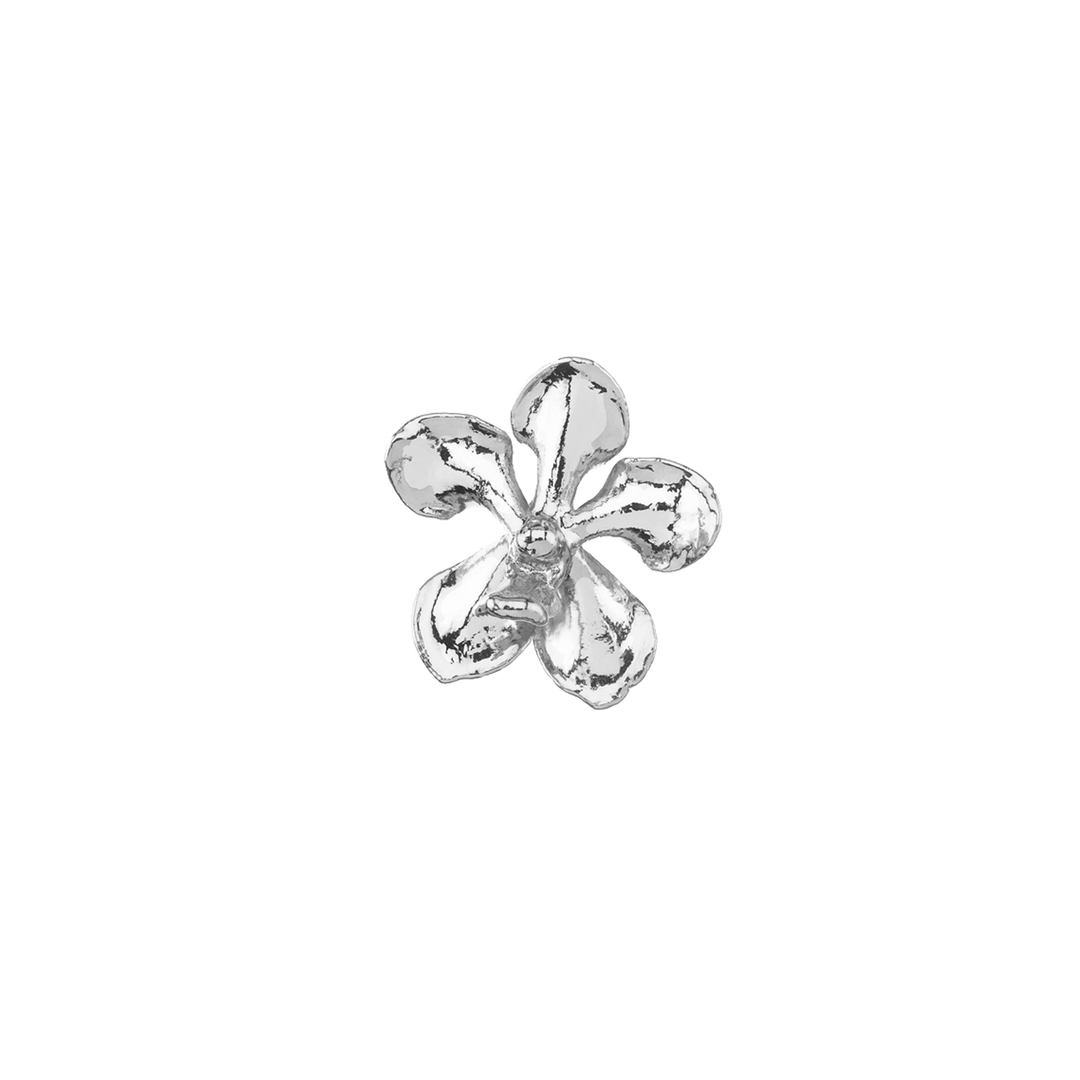 Risis Kagawara Firebird Orchid Brooch/Pendant (P) - A shiny, silver-colored, metal flower charm with five rounded petals, displaying a reflective and textured surface.