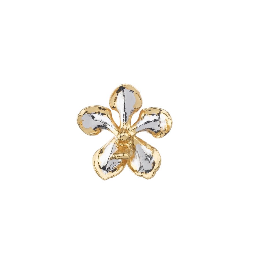 Risis Kagawara Firebird Orchid Brooch/Pendant (PG) - A gold and white flower-shaped brooch with four glossy petals, highlighted by the golden edges and details, creating an elegant and classic jewelry piece.