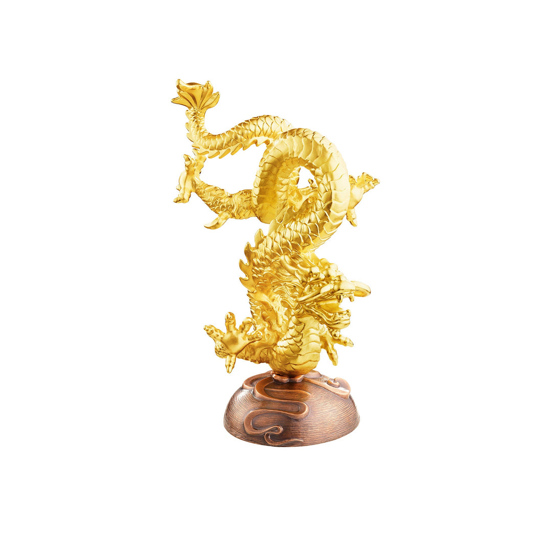 Risis Legend of XII - Dragon - A golden dragon sculpture with intricate details coils dynamically atop a wooden base, its scales and mane finely crafted to depict motion and power.