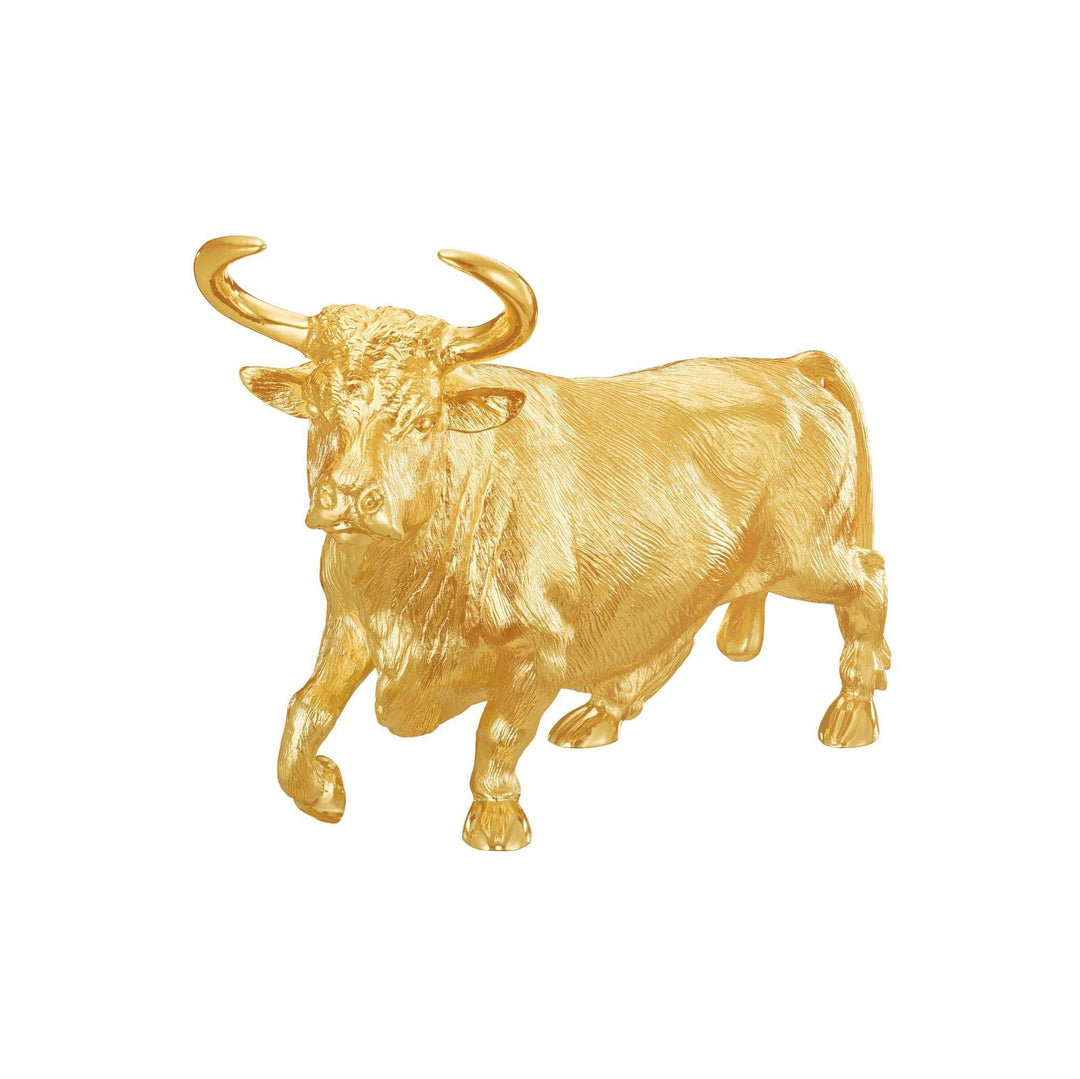 Risis Legend of XII - Ox - A golden sculpture of a bull, textured and detailed, with prominent horns and a muscular build, radiates a sense of strength and opulence.