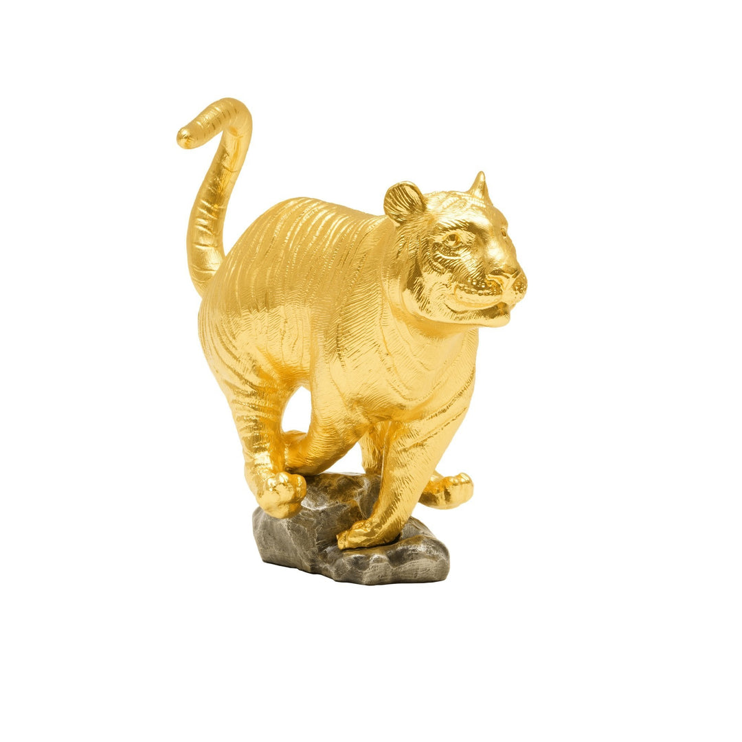 Risis Legend of XII - Tiger - A golden, textured tiger figurine is poised mid-stride on a rocky base, exuding an aura of elegance and strength.