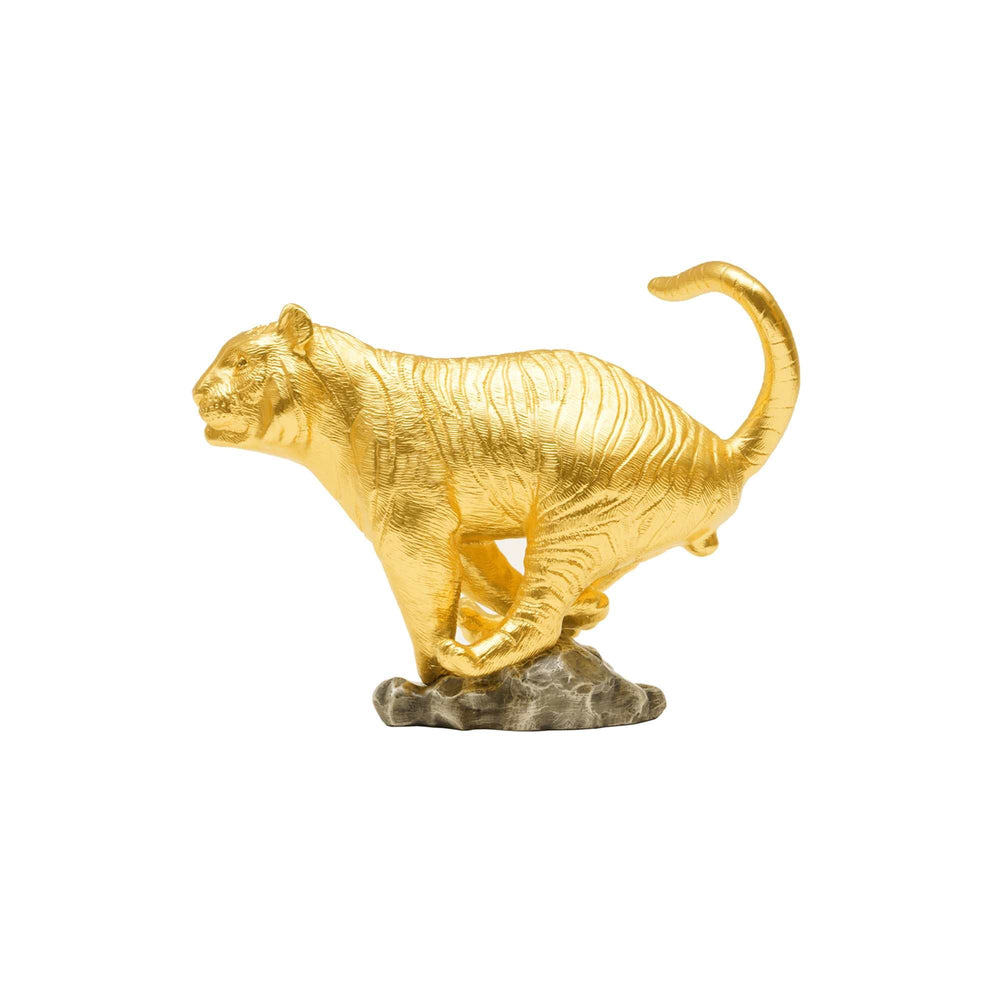 Risis Legend of XII - Tiger - A golden figurine depicts a tiger in mid-stride, with a highly detailed, textured surface enhancing its muscular form and features. The base appears rough and contrasting in color.
