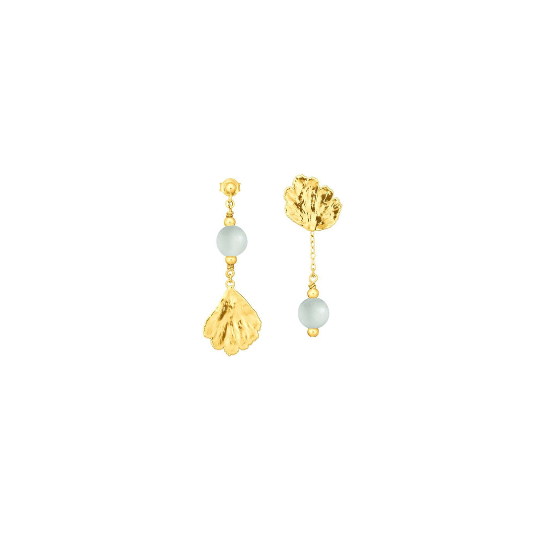 Risis Maiden Jade Earrings - A pair of gold dangle earrings with leaf motifs and pale blue spherical gems, featuring a delicate design against an isolated background.